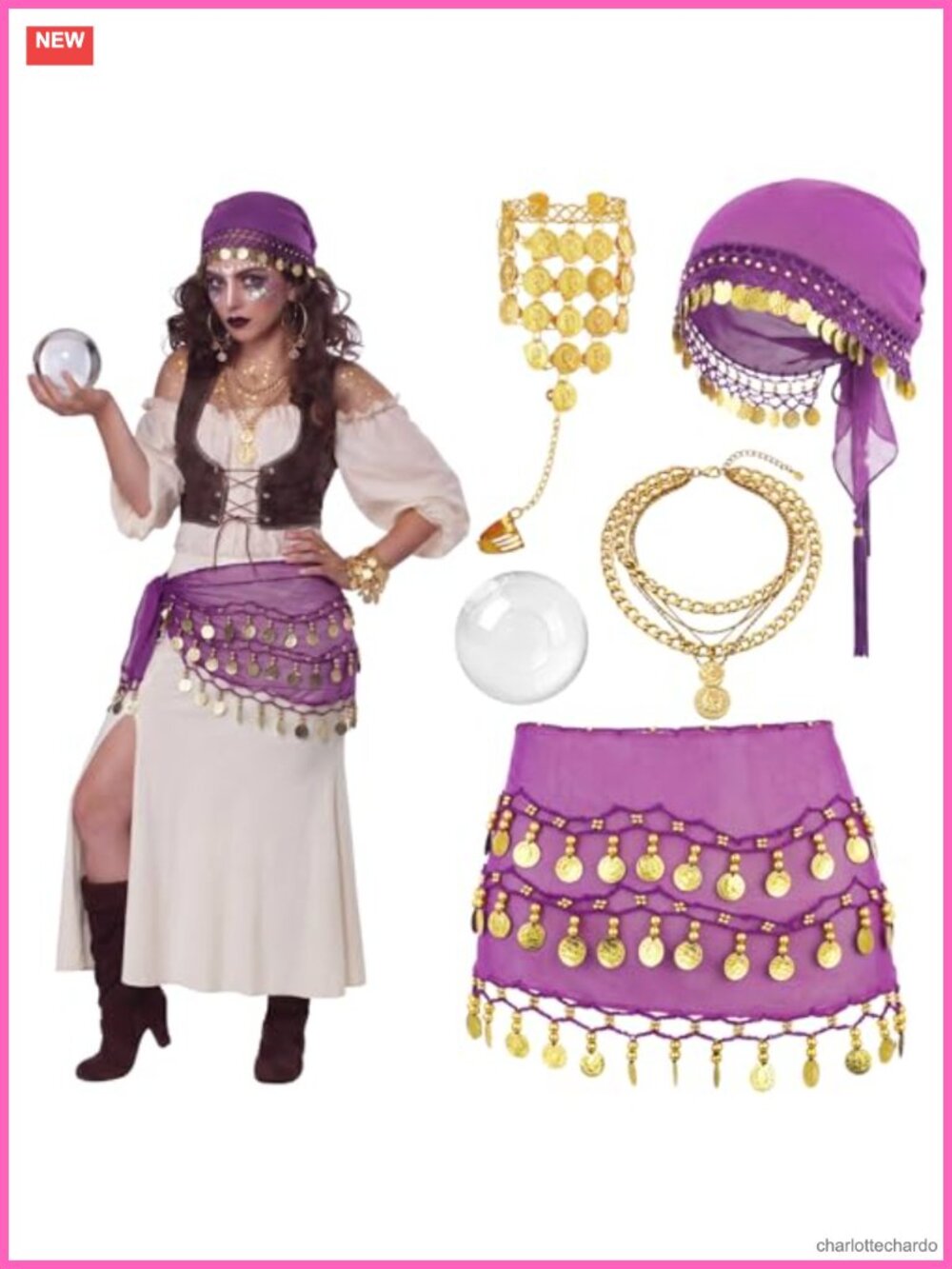Fortune Teller Costume Accessory Set Headwrap Hip Scarf Crystal Ball Necklace